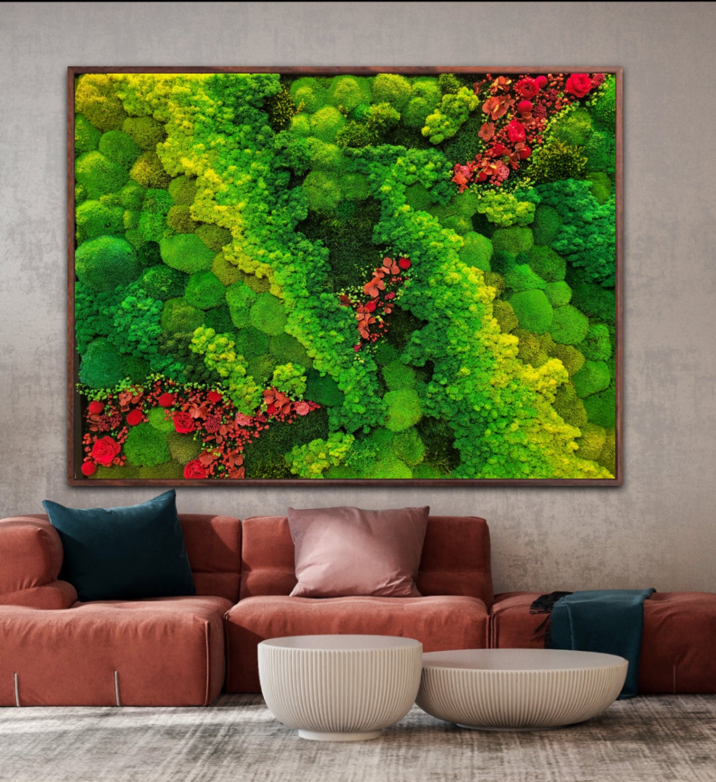 Magical Moss panel with red flowers