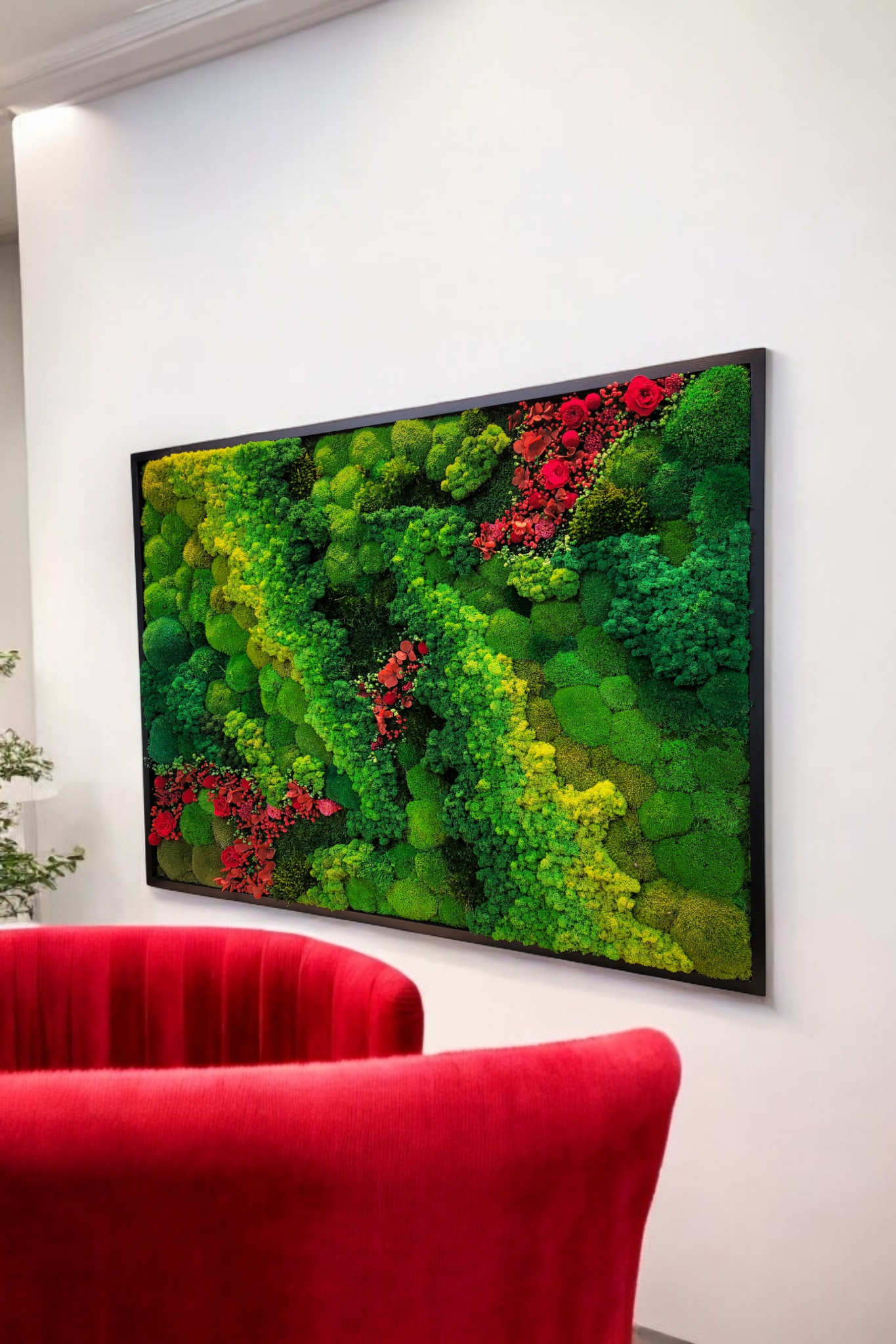 Magical Moss panel with red flowers