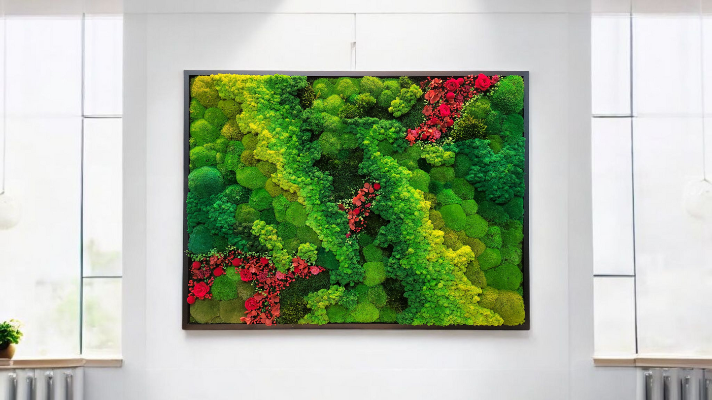Magical Moss panel with red flowers